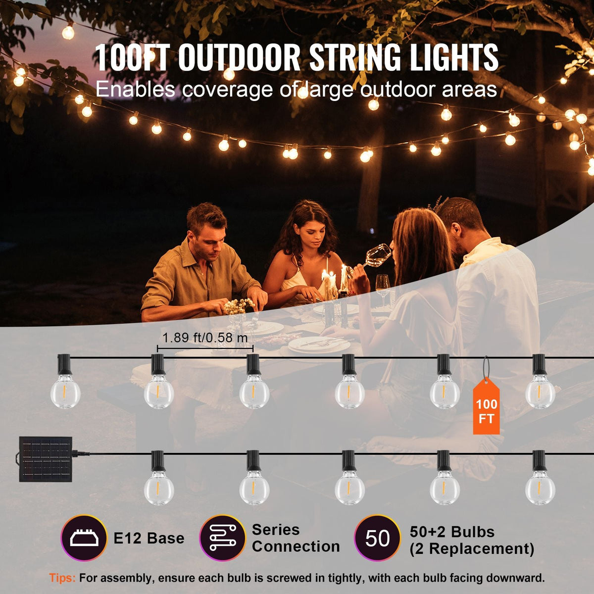 Solar Outdoor String Lights, 100FT, 2700K Dimmable Patio Lights with Remote Control, 50 Solar Powered LED G40 Bulbs, Waterproof Hanging Lights for Outside Porch Backyard Garden Bistro Decor