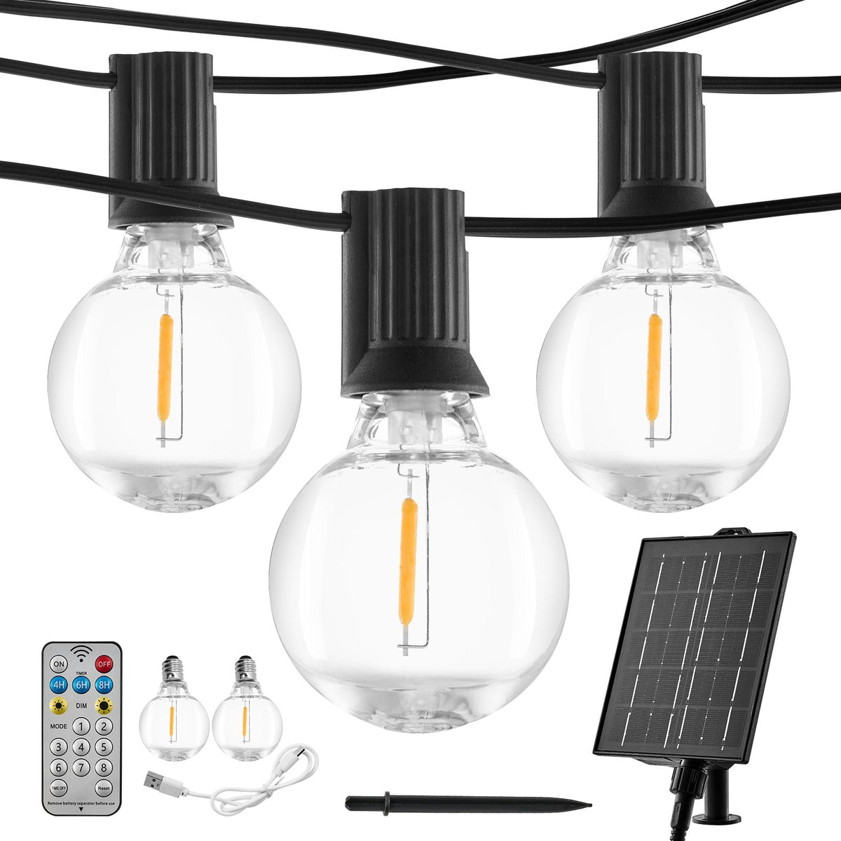 Solar Outdoor String Lights, 100FT, 2700K Dimmable Patio Lights with Remote Control, 50 Solar Powered LED G40 Bulbs, Waterproof Hanging Lights for Outside Porch Backyard Garden Bistro Decor