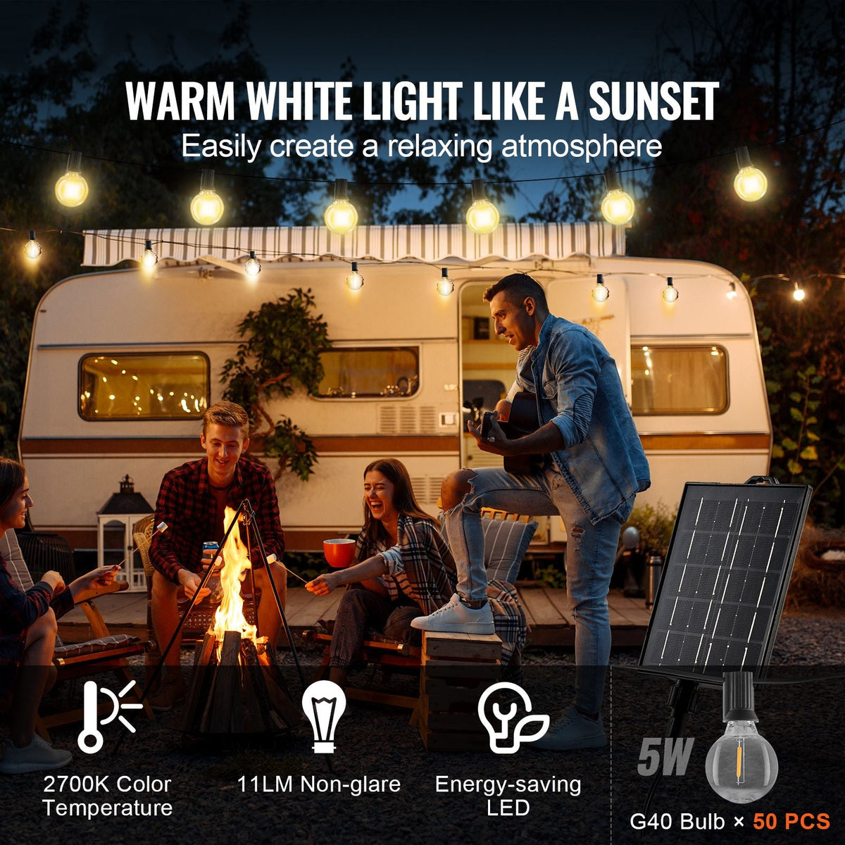Solar Outdoor String Lights, 100FT, 2700K Dimmable Patio Lights with Remote Control, 50 Solar Powered LED G40 Bulbs, Waterproof Hanging Lights for Outside Porch Backyard Garden Bistro Decor