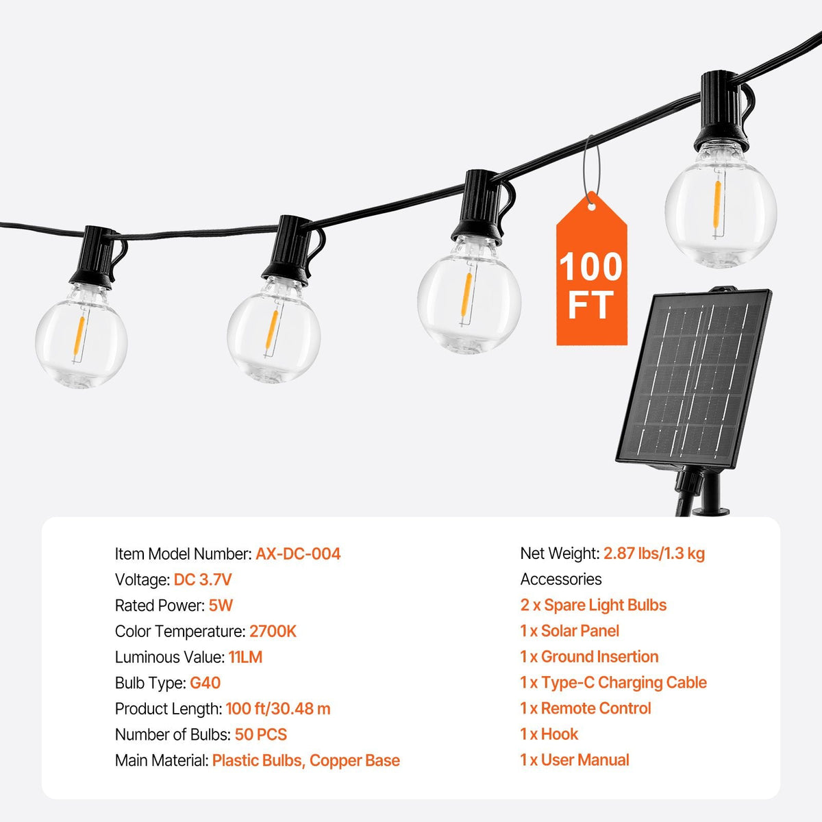 Solar Outdoor String Lights, 100FT, 2700K Dimmable Patio Lights with Remote Control, 50 Solar Powered LED G40 Bulbs, Waterproof Hanging Lights for Outside Porch Backyard Garden Bistro Decor