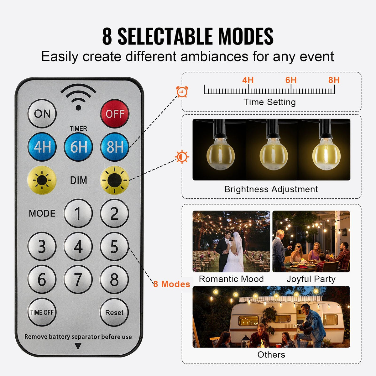 Solar Outdoor String Lights, 100FT, 2700K Dimmable Patio Lights with Remote Control, 50 Solar Powered LED G40 Bulbs, Waterproof Hanging Lights for Outside Porch Backyard Garden Bistro Decor
