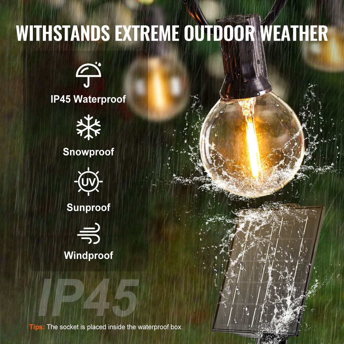 Solar Outdoor String Lights, 100FT, 2700K Dimmable Patio Lights with Remote Control, 50 Solar Powered LED G40 Bulbs, Waterproof Hanging Lights for Outside Porch Backyard Garden Bistro Decor