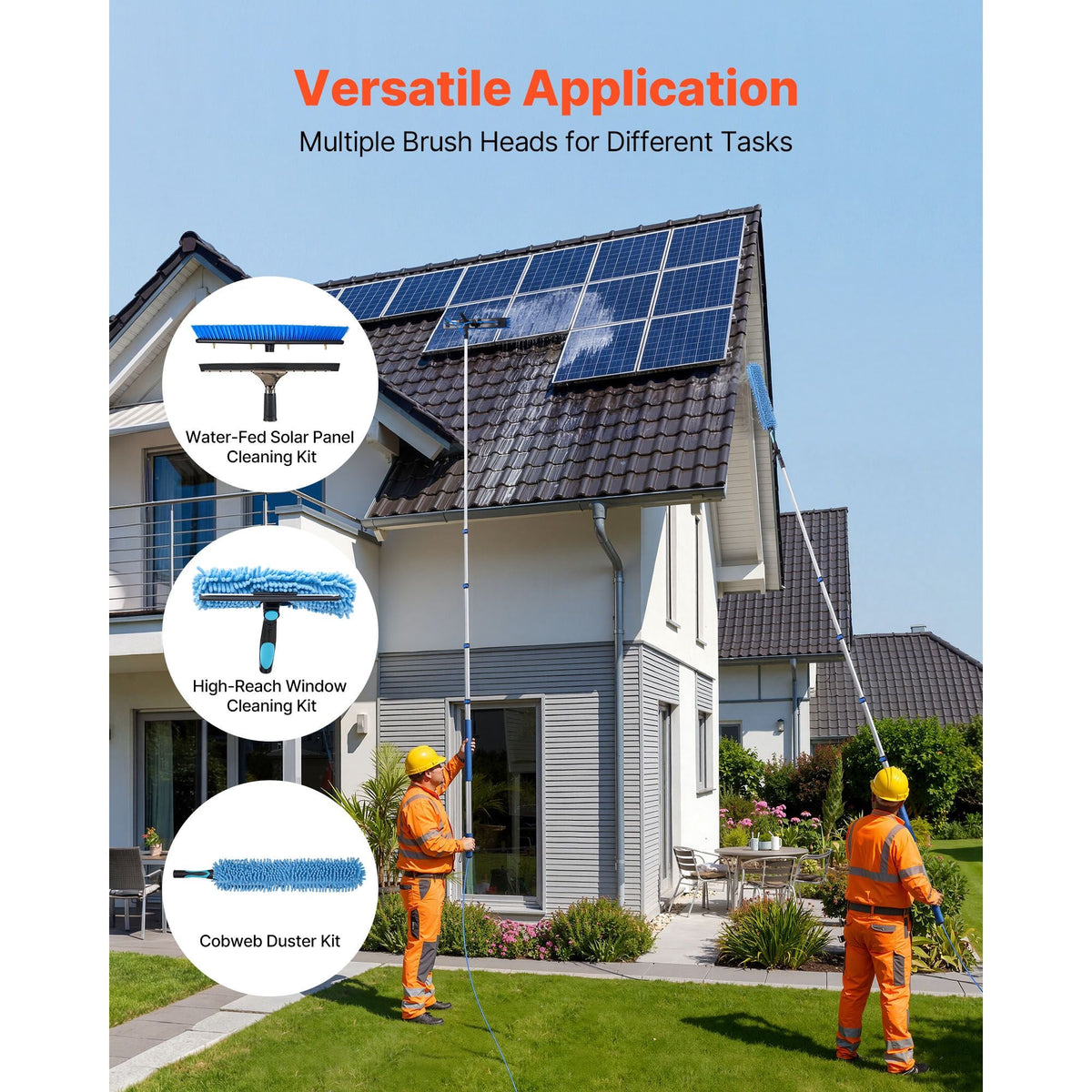 Solar Panel Cleaning Kit, 15 ft, Water Fed Pole Kit with Cleaning Brush, Squeegee, Soap Dispenser, Extendable Aluminum Telescopic Pole, 180° Rotatable Brush Head, for Roof Mounted Solar Panels