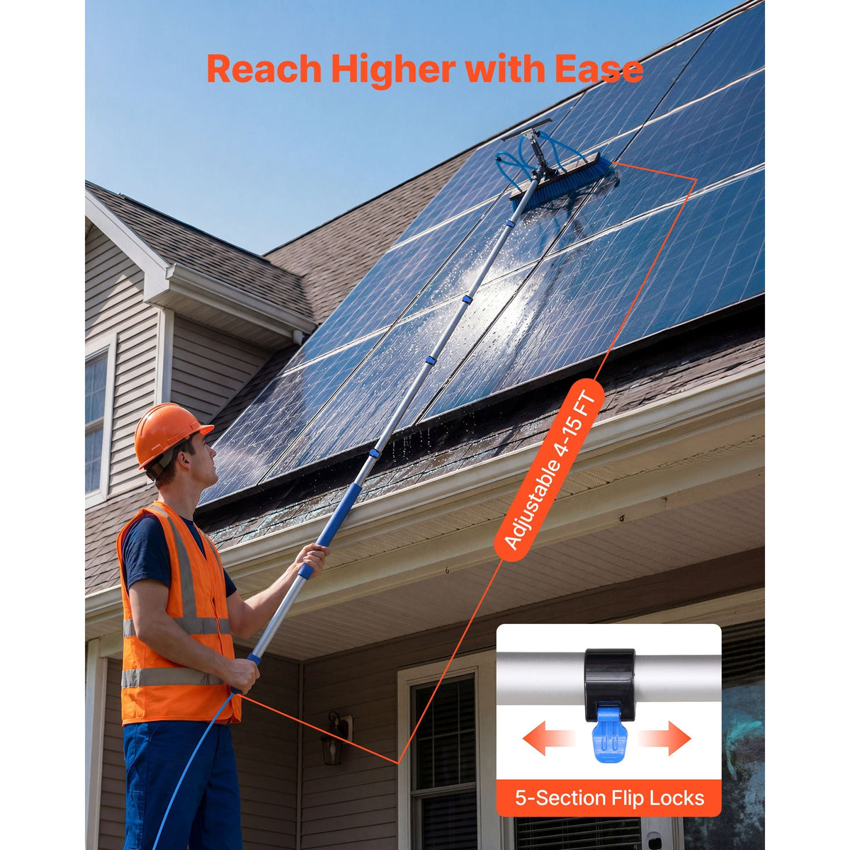 Solar Panel Cleaning Kit, 15 ft, Water Fed Pole Kit with Cleaning Brush, Squeegee, Soap Dispenser, Extendable Aluminum Telescopic Pole, 180° Rotatable Brush Head, for Roof Mounted Solar Panels