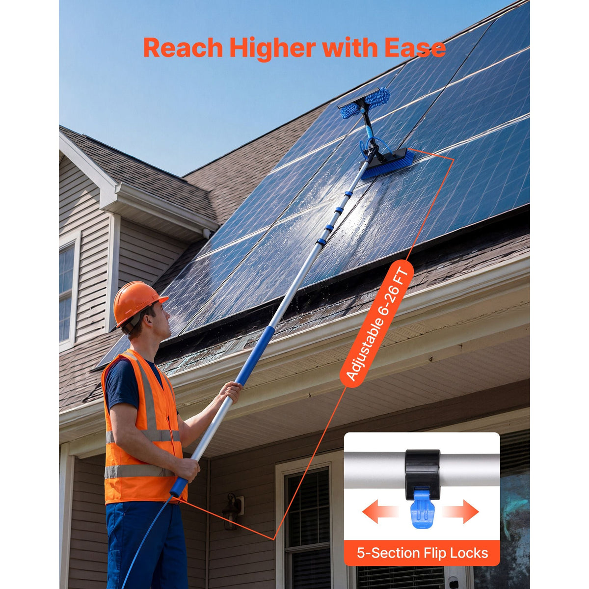 Solar Panel Cleaning Kit, 26 ft, Water Fed Pole Kit with Cleaning Brush, Soap Dispenser, Extendable Aluminum Telescopic Pole, 180° Rotatable Brush Head, for Roof Mounted Solar Panels, Windows