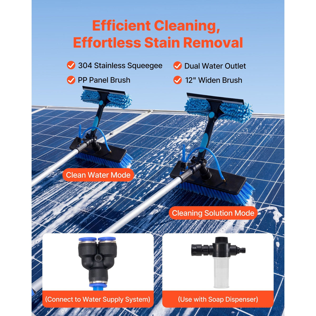 Solar Panel Cleaning Kit, 26 ft, Water Fed Pole Kit with Cleaning Brush, Soap Dispenser, Extendable Aluminum Telescopic Pole, 180° Rotatable Brush Head, for Roof Mounted Solar Panels, Windows
