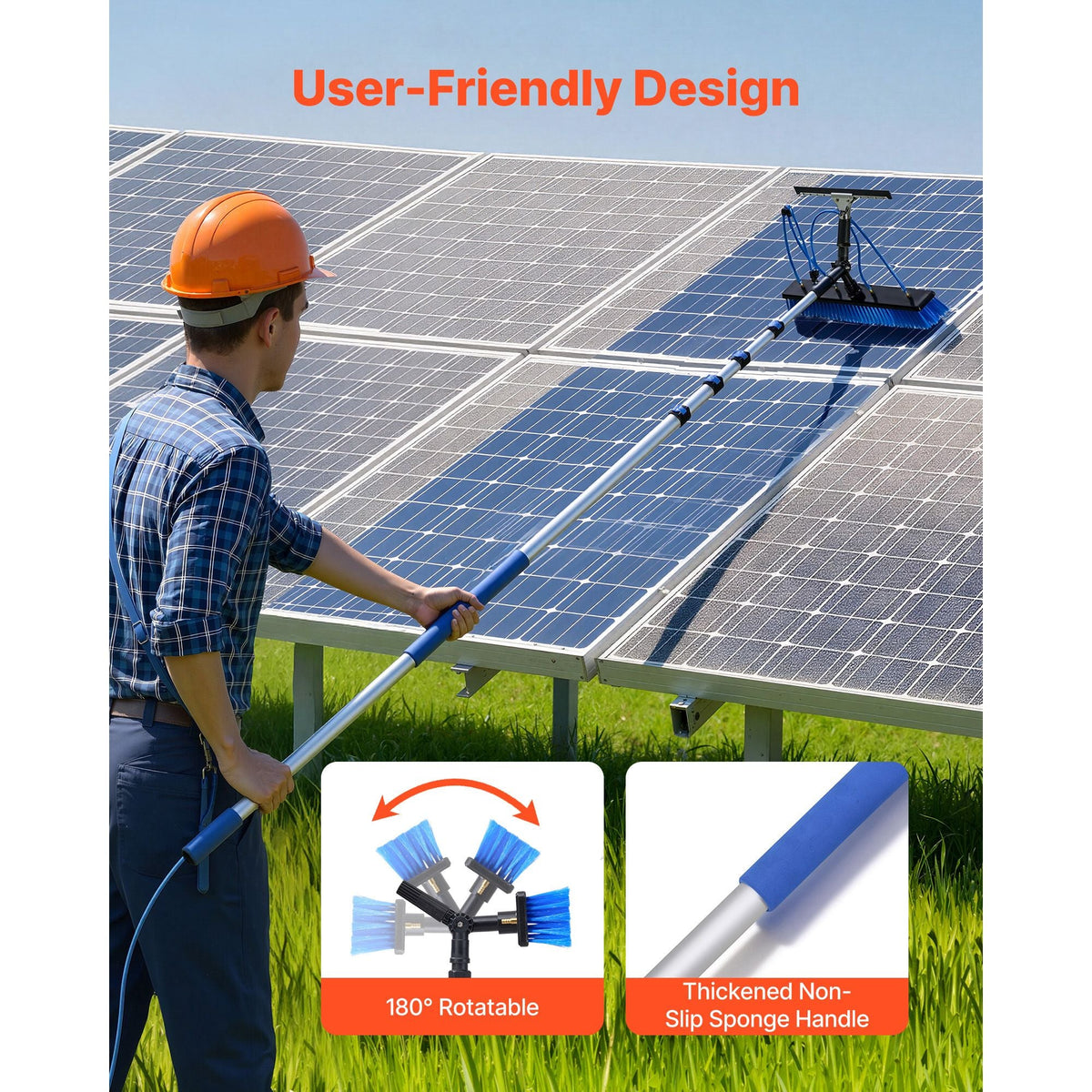 Solar Panel Cleaning Kit, 26 ft, Water Fed Pole Kit with Cleaning Brush, Squeegee, Soap Dispenser, Extendable Aluminum Telescopic Pole, 180° Rotatable Brush Head, for Roof Mounted Solar Panels