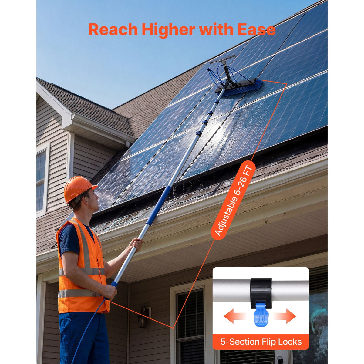 Solar Panel Cleaning Kit, 26 ft, Water Fed Pole Kit with Cleaning Brush, Squeegee, Soap Dispenser, Extendable Aluminum Telescopic Pole, 180° Rotatable Brush Head, for Roof Mounted Solar Panels