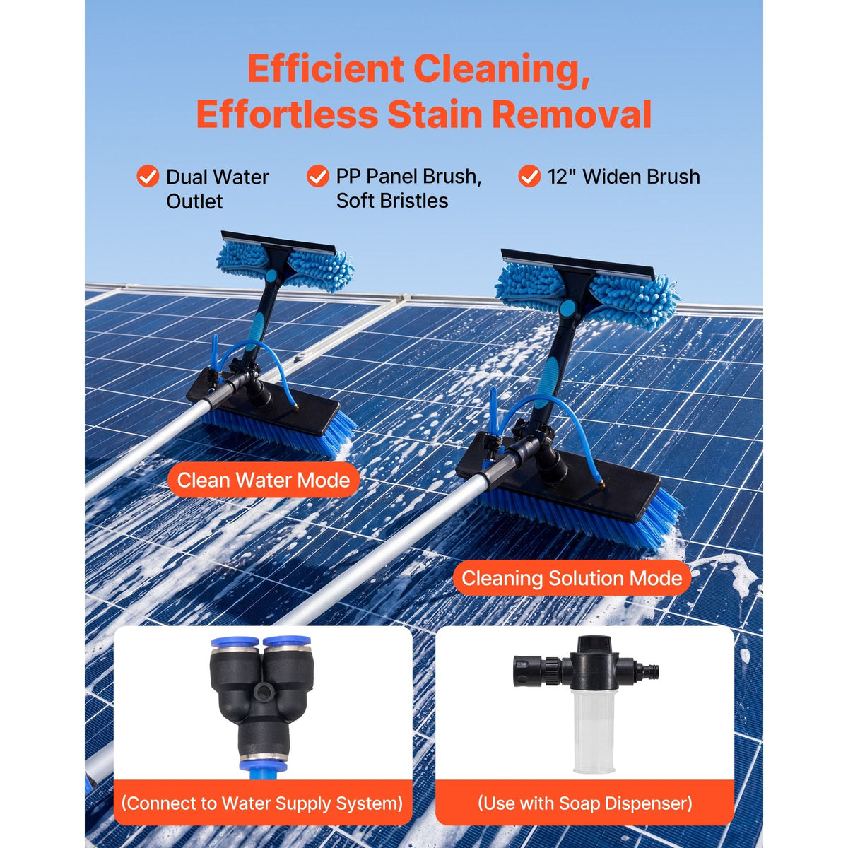 Solar Panel Cleaning Kit, 39 ft, Water Fed Pole Kit with Cleaning Brush, Soap Dispenser, Extendable Aluminum Telescopic Pole, 180° Rotatable Brush Head, for Roof Mounted Solar Panels, Windows