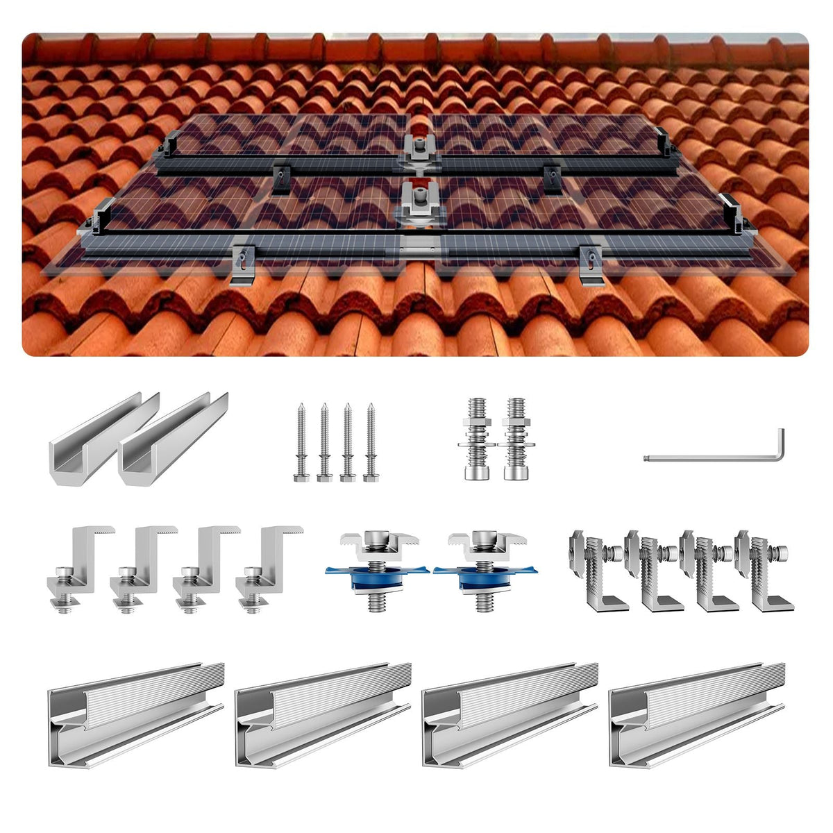 Solar Panel Mounting Brackets, Solar Panel Mount Kit with 4 x 30" Aluminum Rails, 4 End Clamps and 2 Mild Clamps, Solar Panel Mount Brackets for Metal Roof, Concrete Roof, Wood Roof, Tile Roof