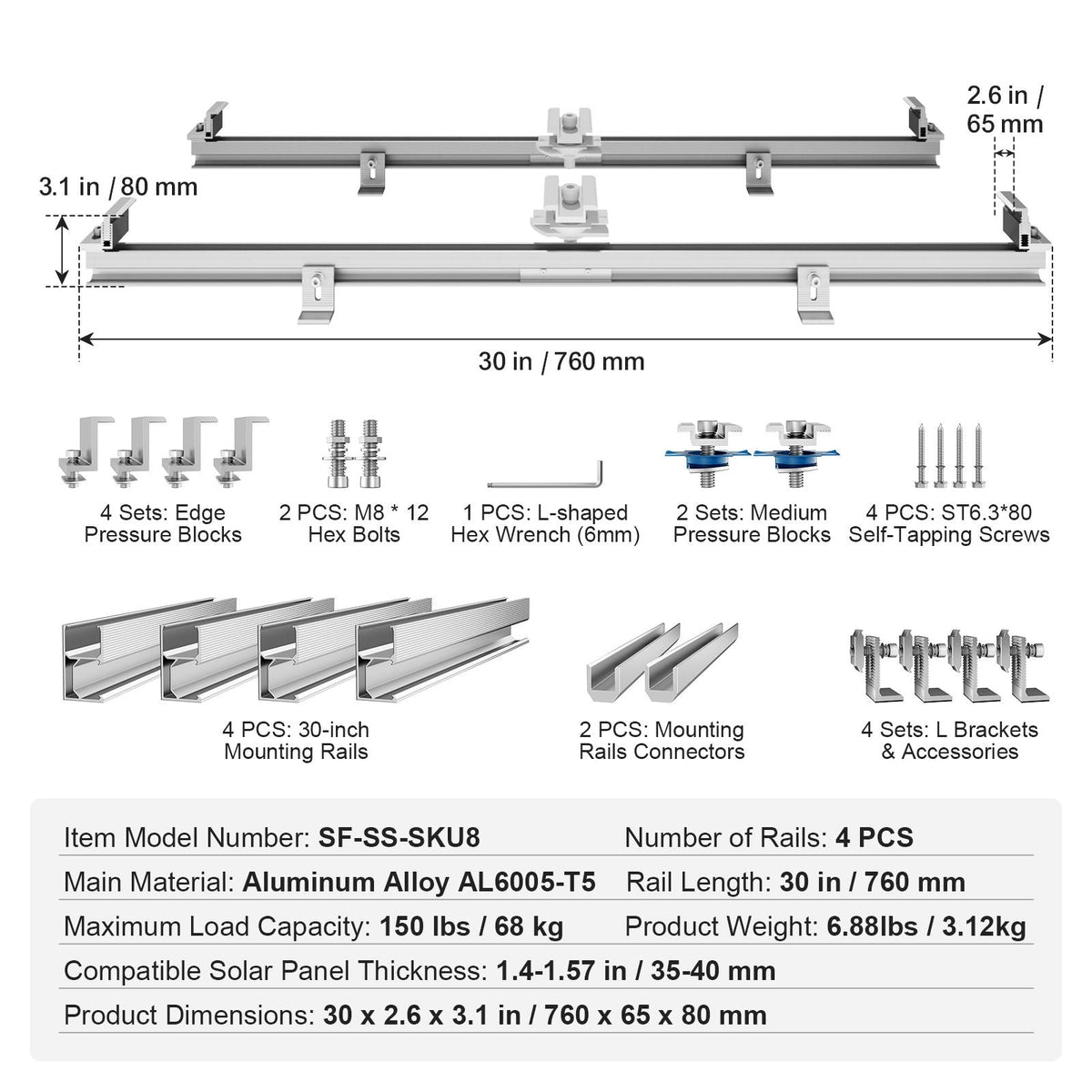 Solar Panel Mounting Brackets, Solar Panel Mount Kit with 4 x 30" Aluminum Rails, 4 End Clamps and 2 Mild Clamps, Solar Panel Mount Brackets for Metal Roof, Concrete Roof, Wood Roof, Tile Roof