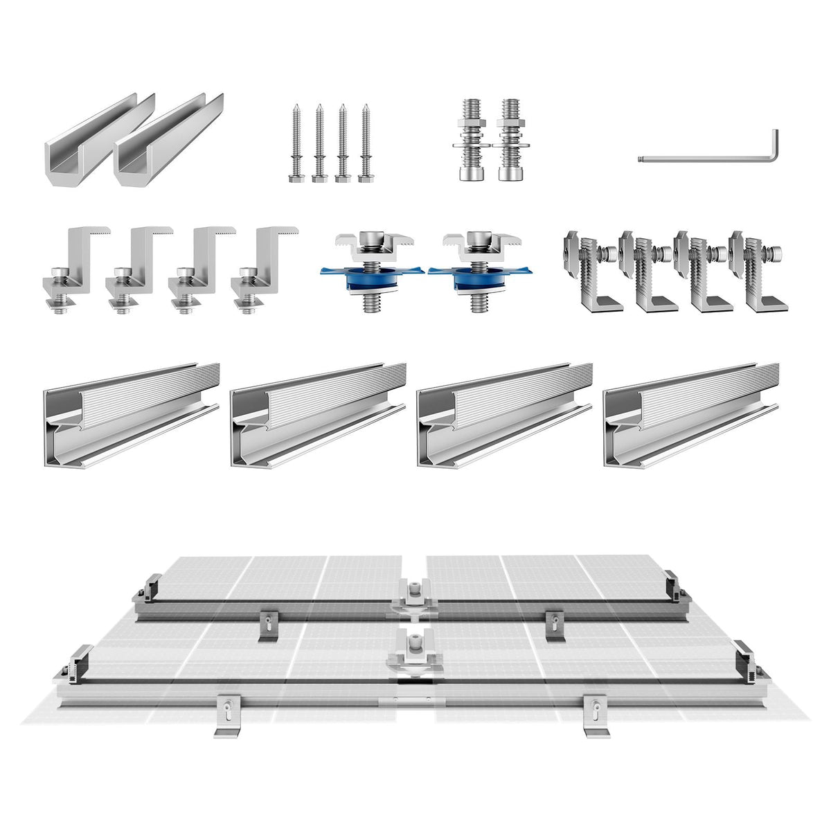 Solar Panel Mounting Brackets, Solar Panel Mount Kit with 4 x 30" Aluminum Rails, 4 End Clamps and 2 Mild Clamps, Solar Panel Mount Brackets for Metal Roof, Concrete Roof, Wood Roof, Tile Roof