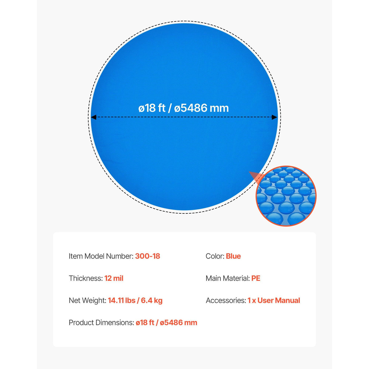 Solar Pool Cover, 18 ft Round Pool Bubble Cover, 12 Mil Pools Solar Blanket with Bubble & PE Material, Daytime Heat Absorption, Nighttime Heat Retention, Heat Retaining Solars Covers, Blue