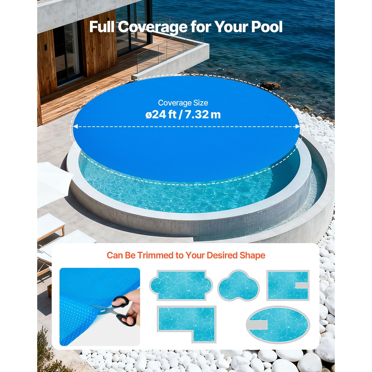 Solar Pool Cover, 24 ft Round Pool Bubble Cover, 16 Mil Pools Solar Blanket with Bubble & PE Material, Daytime Heat Absorption, Nighttime Heat Retention, Heat Retaining Solars Covers, Blue