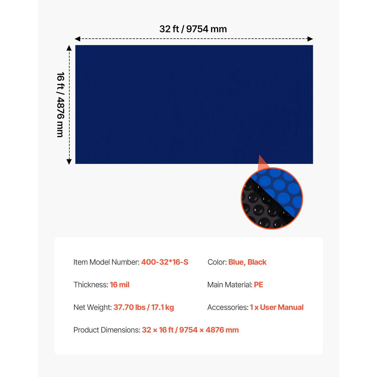 Solar Pool Cover, 32 x 16 ft Pool Bubble Cover, 16 Mil Pools Solar Blanket with Dual Heat-Locking Air Layer for Pools, Daytime Heat Absorption, Nighttime Heat Retention, Blue & Silver, Cuttable