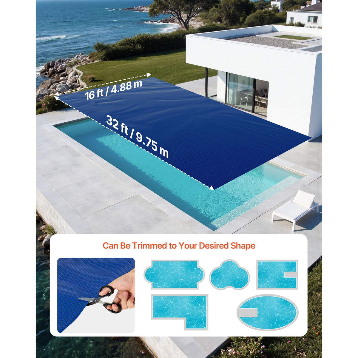 Solar Pool Cover, 32 x 16 ft Pool Bubble Cover, 16 Mil Pools Solar Blanket with Dual Heat-Locking Air Layer for Pools, Daytime Heat Absorption, Nighttime Heat Retention, Blue & Silver, Cuttable