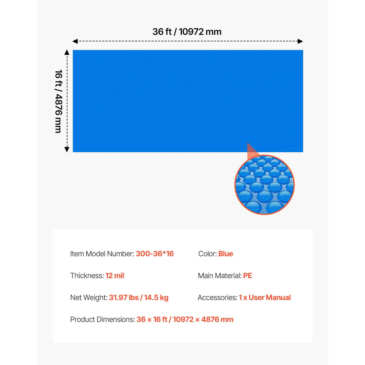 Solar Pool Cover, 36 x 16 ft Rectangle Pool Bubble Cover, 12 Mil Pools Solar Blanket with Bubble & PE Material, Daytime Heat Absorption, Nighttime Heat Retention, Blue