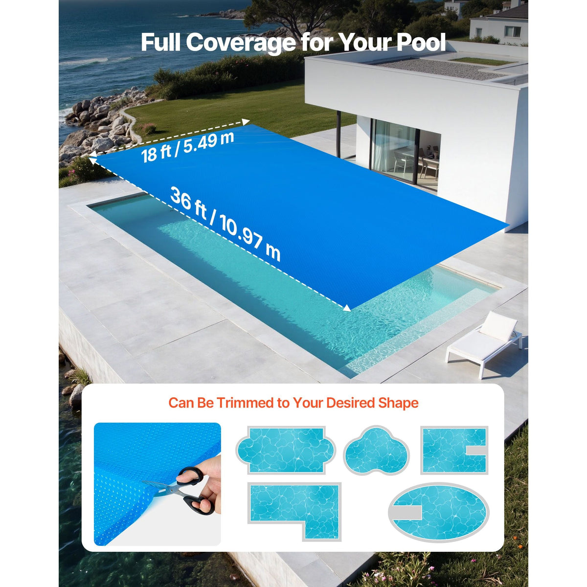 Solar Pool Cover, 36 x 18 ft Rectangle Pool Bubble Cover, 8 Mil Pools Solar Blanket with PE Material, Daytime Heat Absorption, Nighttime Heat Retention, Heat Retaining Solars Covers, Blue