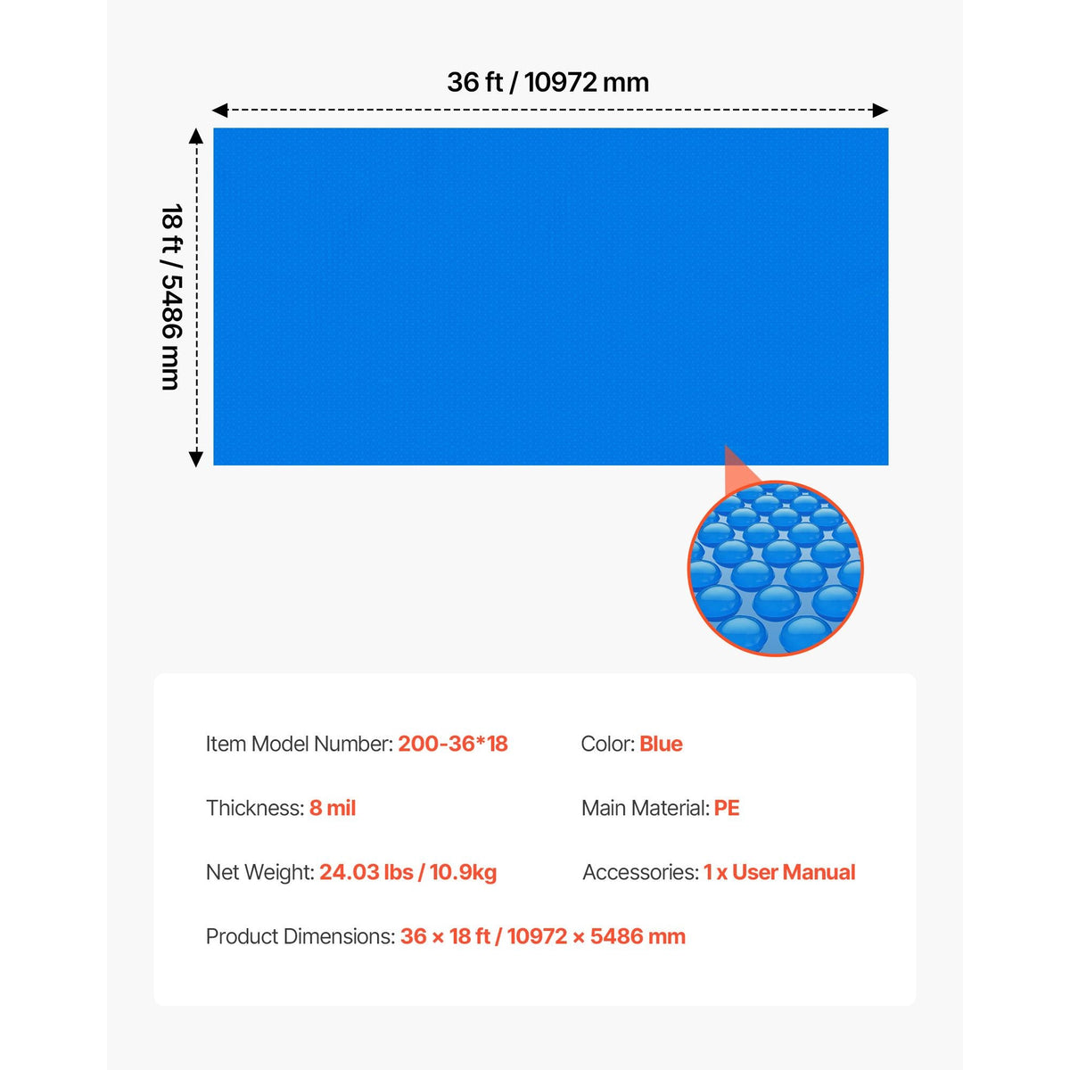 Solar Pool Cover, 36 x 18 ft Rectangle Pool Bubble Cover, 8 Mil Pools Solar Blanket with PE Material, Daytime Heat Absorption, Nighttime Heat Retention, Heat Retaining Solars Covers, Blue