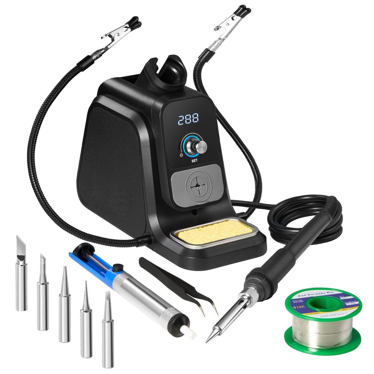 Soldering Iron Station, 80W Digital Display Soldering Station Kit with 2 Helping Hands, 5 Soldering Tips, 30g Solder Wire, Solder Sucker, Tweezer, Auto Standby & Sleep Mode, C/F Conversion