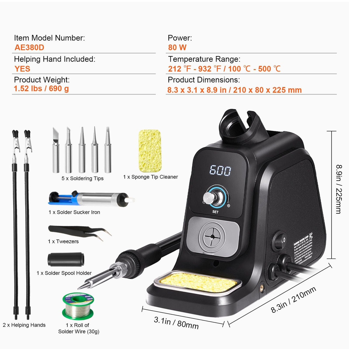 Soldering Iron Station, 80W Digital Display Soldering Station Kit with 2 Helping Hands, 5 Soldering Tips, 30g Solder Wire, Solder Sucker, Tweezer, Auto Standby & Sleep Mode, C/F Conversion