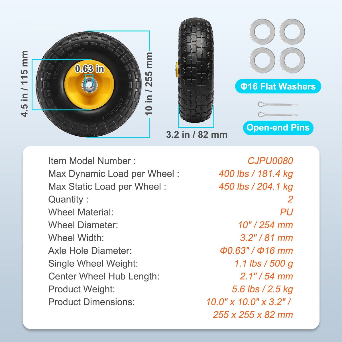 Solid PU Run-Flat Tire Wheel, 10", 2-Pack, 400 lbs Dynamic Load, 450 lbs Static Load, Flat Free Tubeless Tires and Wheels for Hand Truck, Utility Cart, Dollies, Garden Trailers, Various Carts