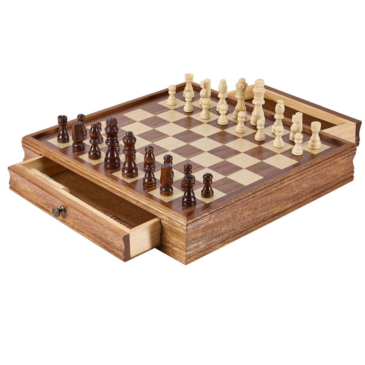 Solid Wood Chess Set, 15 inch 2-IN-1 Chess Checkers Game Set, Chess Board Games with Storage Drawer & Weighted Chess Checkers Pieces & 2 Queens, for Adults Kids Tournament Professional Beginner
