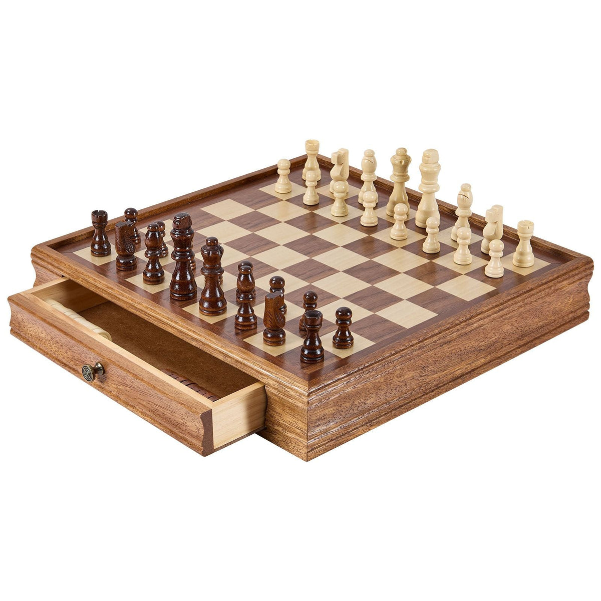 Solid Wood Chess Set, 15 inch 2-IN-1 Chess Checkers Game Set, Chess Board Games with Storage Drawer & Weighted Chess Checkers Pieces & 2 Queens, for Adults Kids Tournament Professional Beginner