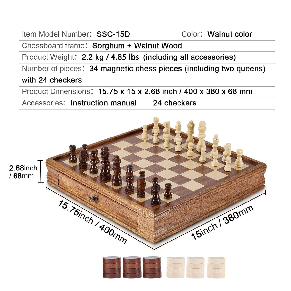 Solid Wood Chess Set, 15 inch 2-IN-1 Chess Checkers Game Set, Chess Board Games with Storage Drawer & Weighted Chess Checkers Pieces & 2 Queens, for Adults Kids Tournament Professional Beginner