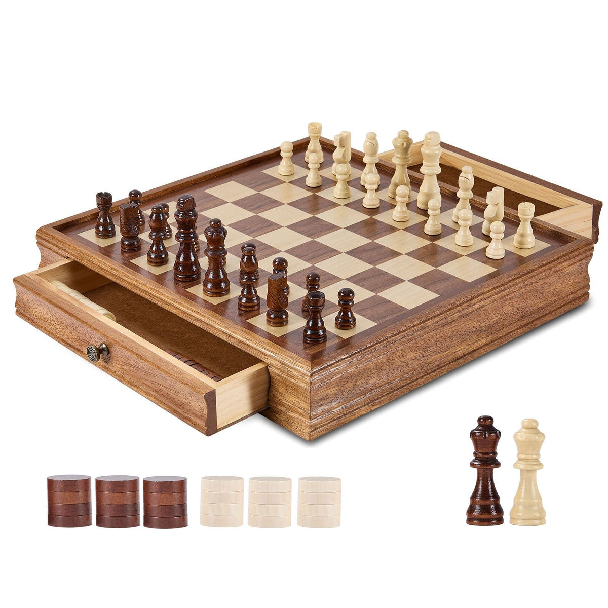 Solid Wood Chess Set, 15 inch 2-IN-1 Chess Checkers Game Set, Chess Board Games with Storage Drawer & Weighted Chess Checkers Pieces & 2 Queens, for Adults Kids Tournament Professional Beginner