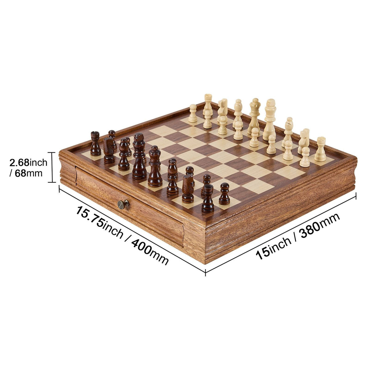 Solid Wood Chess Set, 15 inch 2-IN-1 Chess Checkers Game Set, Chess Board Games with Storage Drawer & Weighted Chess Checkers Pieces & 2 Queens, for Adults Kids Tournament Professional Beginner