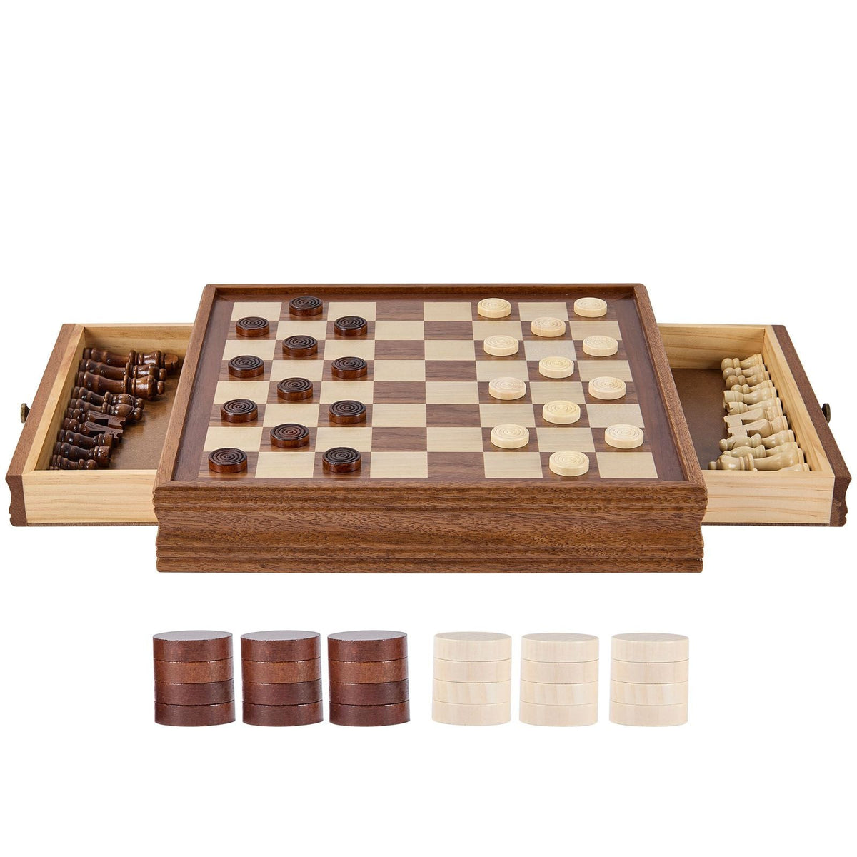 Solid Wood Chess Set, 15 inch 2-IN-1 Chess Checkers Game Set, Chess Board Games with Storage Drawer & Weighted Chess Checkers Pieces & 2 Queens, for Adults Kids Tournament Professional Beginner