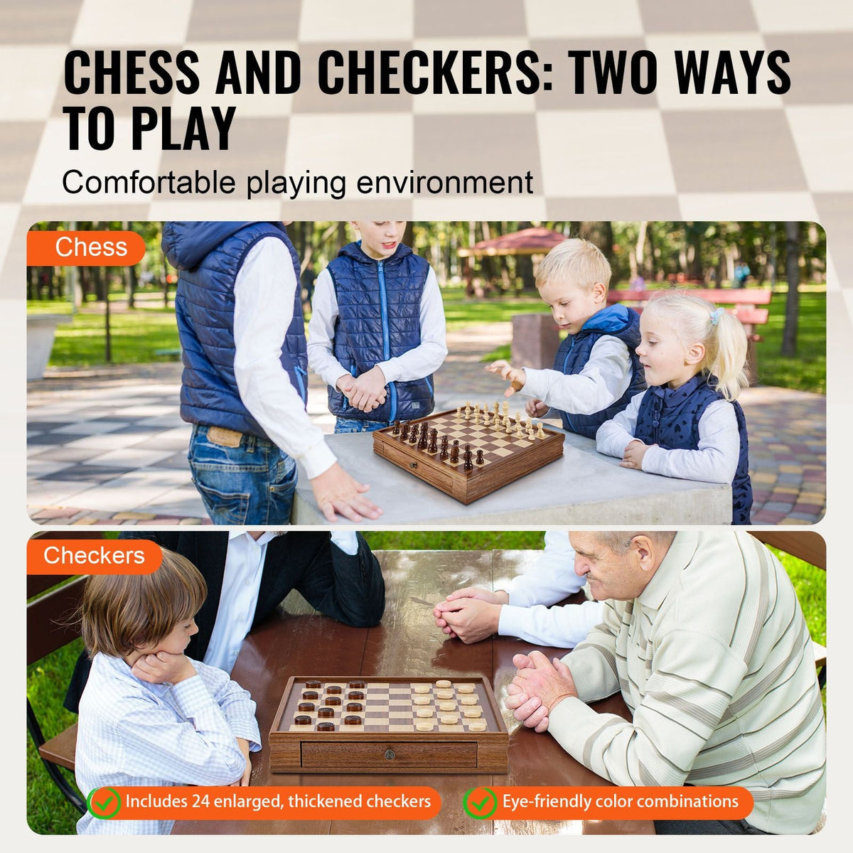 Solid Wood Chess Set, 15 inch 2-IN-1 Chess Checkers Game Set, Chess Board Games with Storage Drawer & Weighted Chess Checkers Pieces & 2 Queens, for Adults Kids Tournament Professional Beginner
