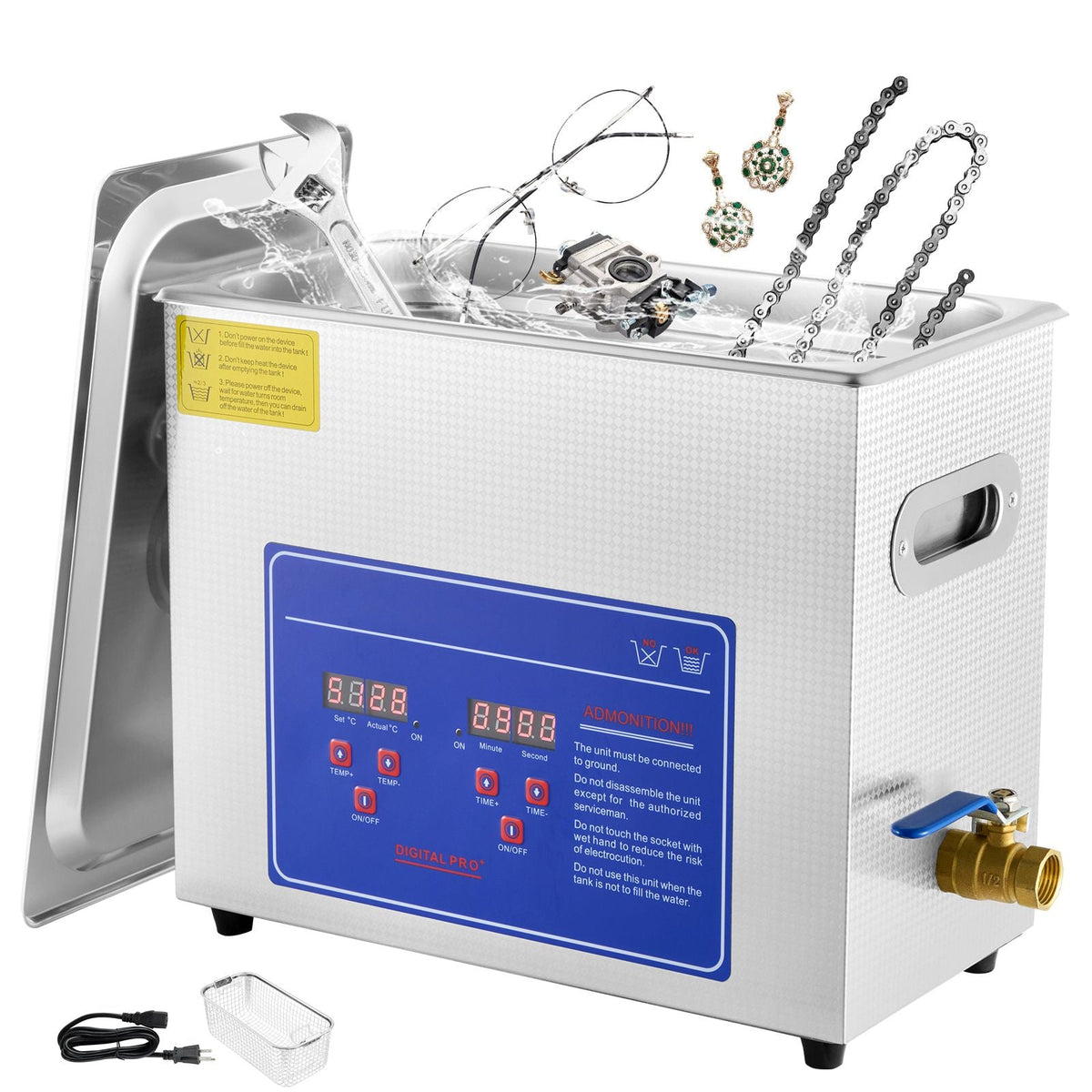 Sonic Cleaner with Digital Timer & Heater, Professional Ultra Sonic Jewelry Cleaner, Stainless Steel Heated Cleaning Machine for Glasses Watch Rings Small Parts Circuit Board (6L)