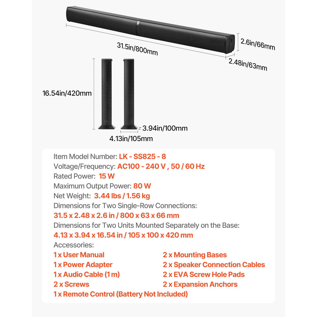 Sound Bar for Smart TV, 2.0 Channel, 32-Inch 2 in 1 Detachable Soundbar TV Speakers, with Bluetooth HDMI AUX USB Connection, Remote Control, 80W Surround Sound System, for Home Theater Audio