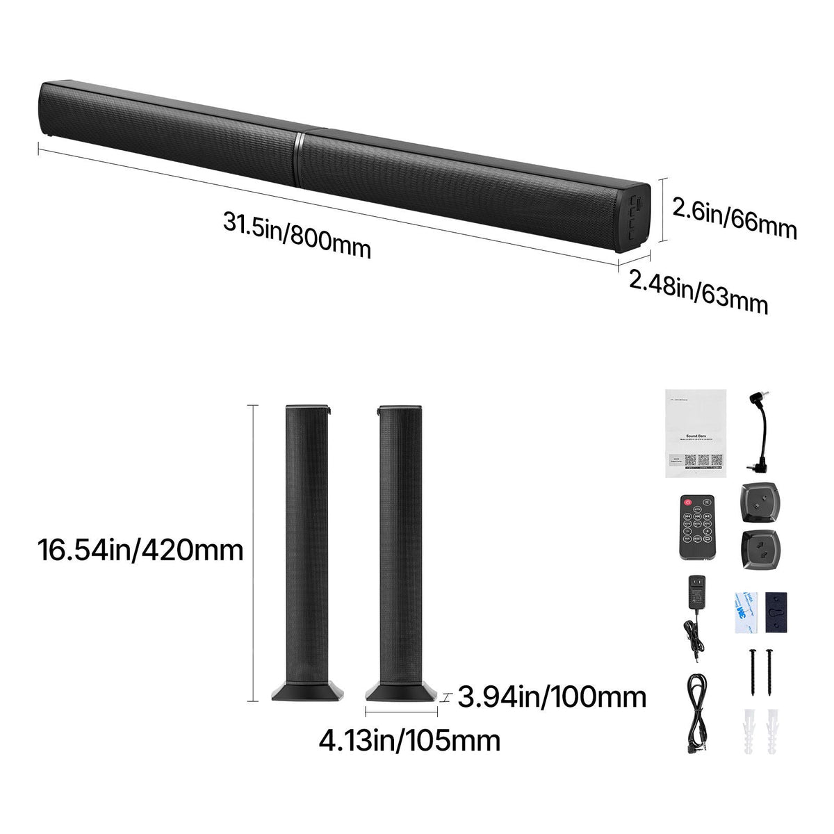 Sound Bar for Smart TV, 2.0 Channel, 32-Inch 2 in 1 Detachable Soundbar TV Speakers, with Bluetooth HDMI AUX USB Connection, Remote Control, 80W Surround Sound System, for Home Theater Audio