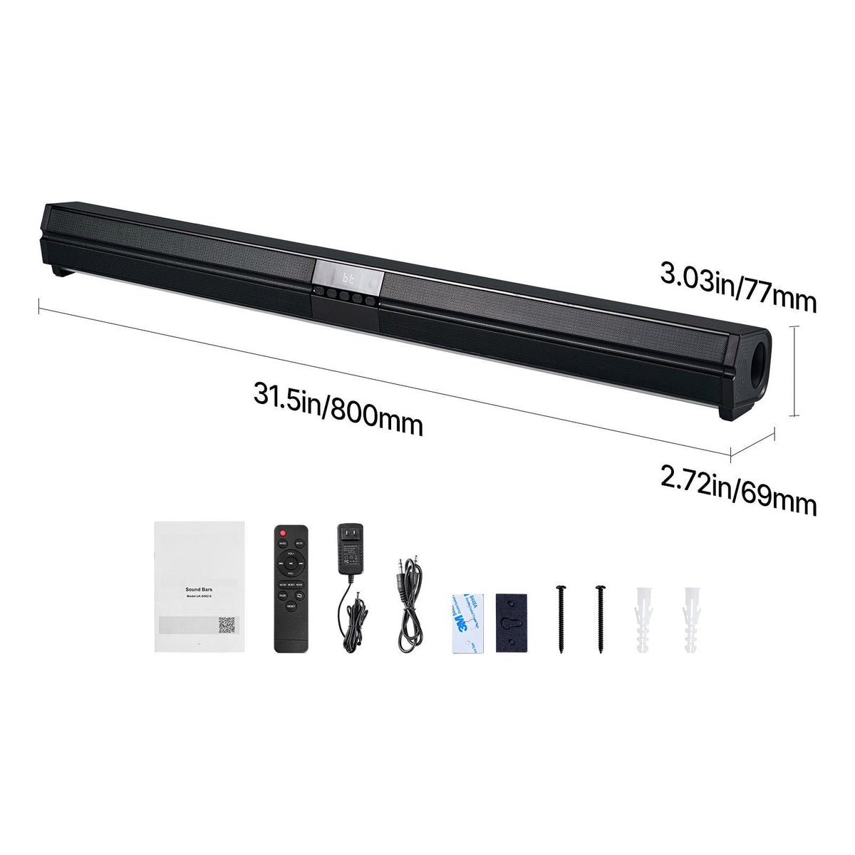 Sound Bar for Smart TV, 2.0 Channel, 32-Inch Compact Soundbar TV Speakers for Projector, Bluetooth AUX Connection, Remote Control, Easy Setup, 80W Surround Sound System for PC Home Theater Audio