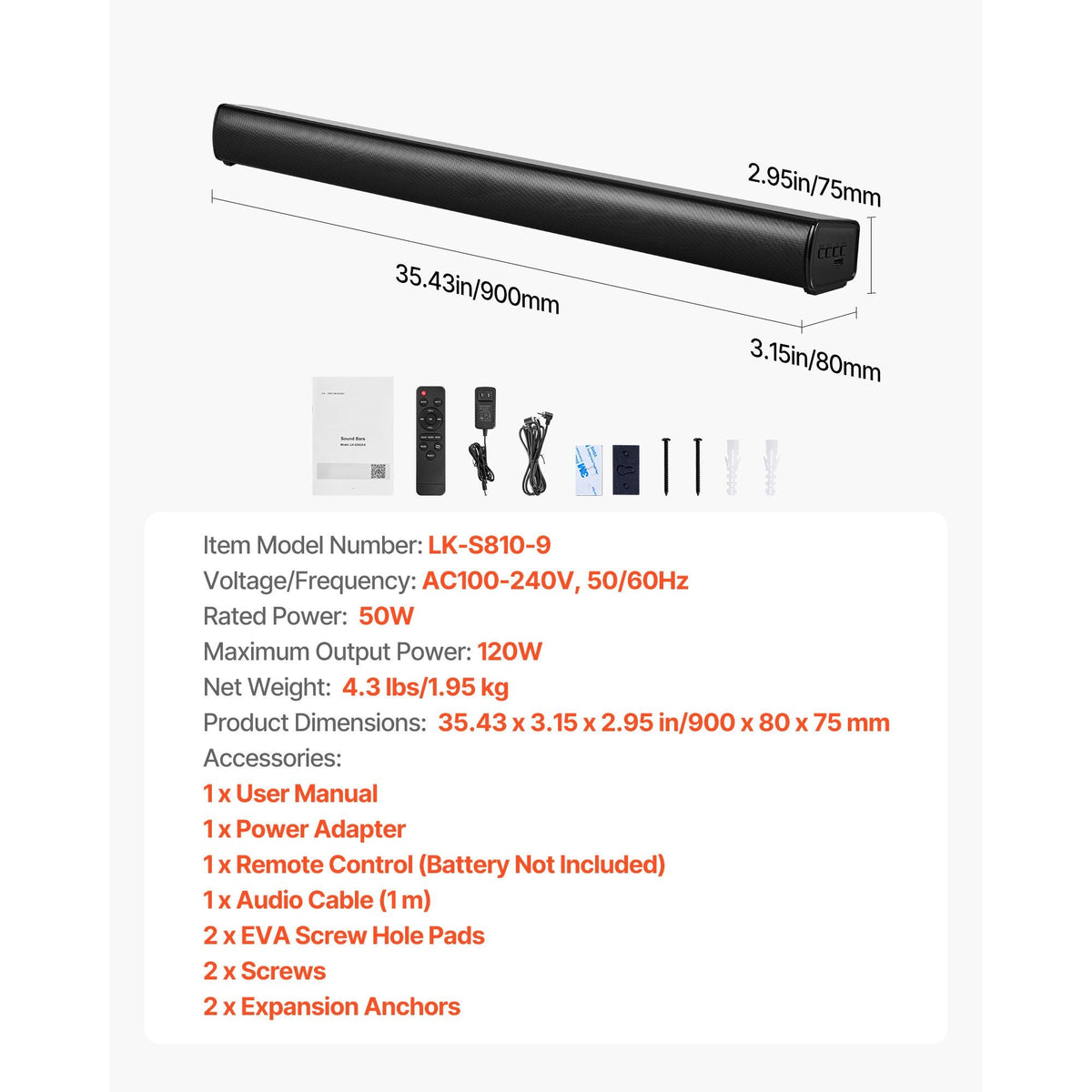 Sound Bar for Smart TV, 2.1 Channel, 35-Inch Compact Soundbar TV Speakers with Built-In Subwoofer for Projector, Bluetooth AUX Connection, Easy Setup, 120W Surround Sound System for Home Audio