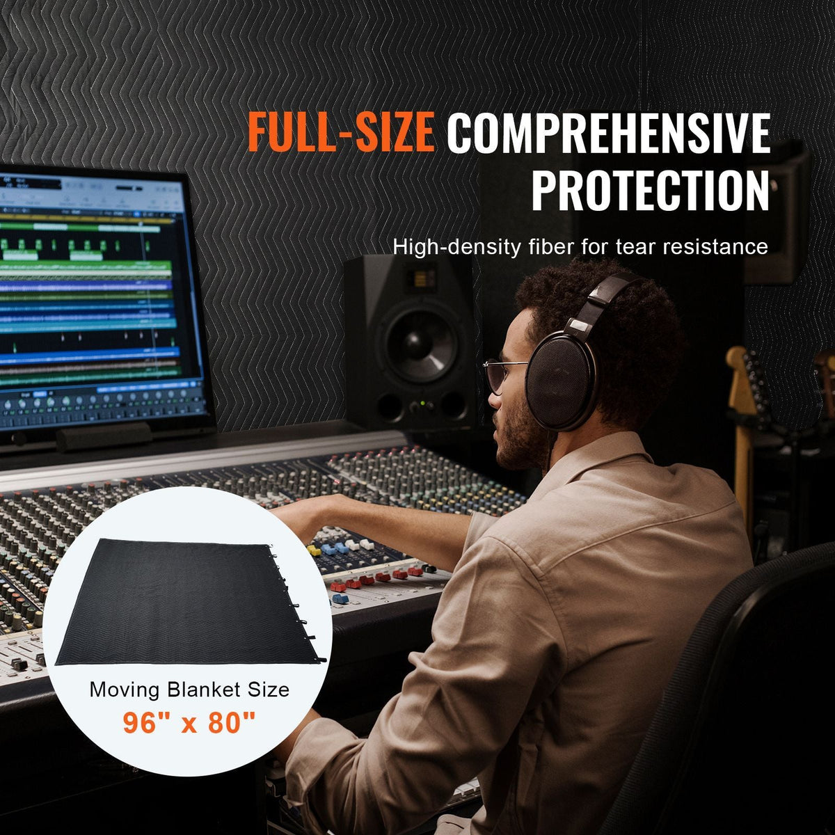 Sound Dampening Blanket, 96" x 80", Extra Large Studio Grommeted Soundproof Blanket with Grommets, Light Blocker for Door Acoustic Noise Blocking Blanket Studio Sound Absorption Sheet, Black