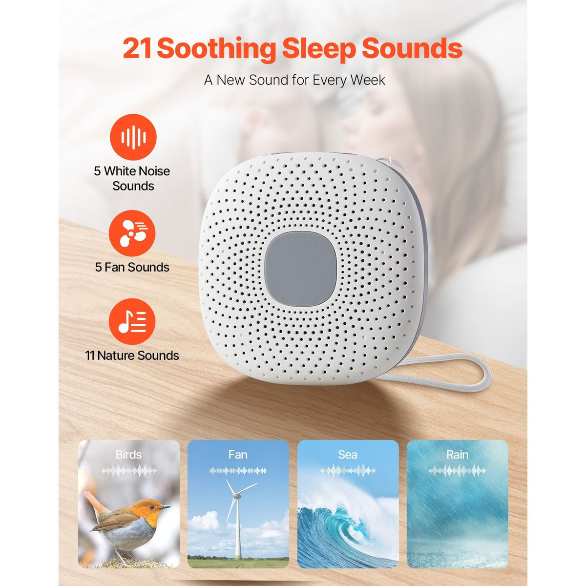 Sound Machine, 21 Soothing Sleep Sounds, 3-in-1 Portable and Hangable White Noise Sound Machine with Auto-Off Timer, Soft Ring Light and Memory Function, for Baby, Adults, Home, Office & Travel