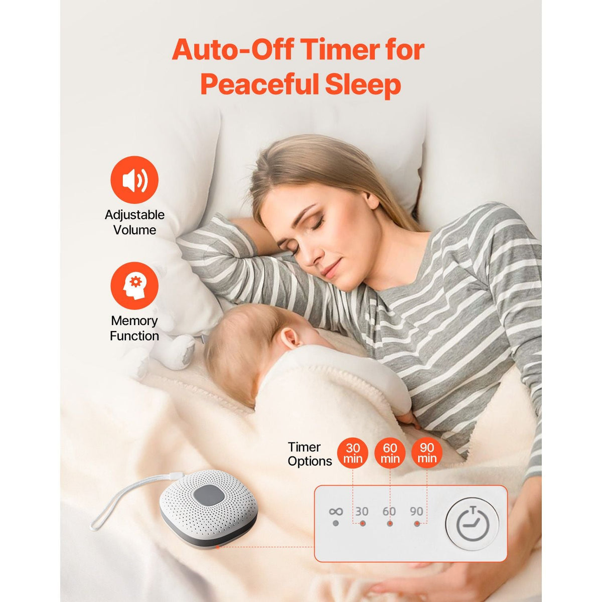 Sound Machine, 21 Soothing Sleep Sounds, 3-in-1 Portable and Hangable White Noise Sound Machine with Auto-Off Timer, Soft Ring Light and Memory Function, for Baby, Adults, Home, Office & Travel