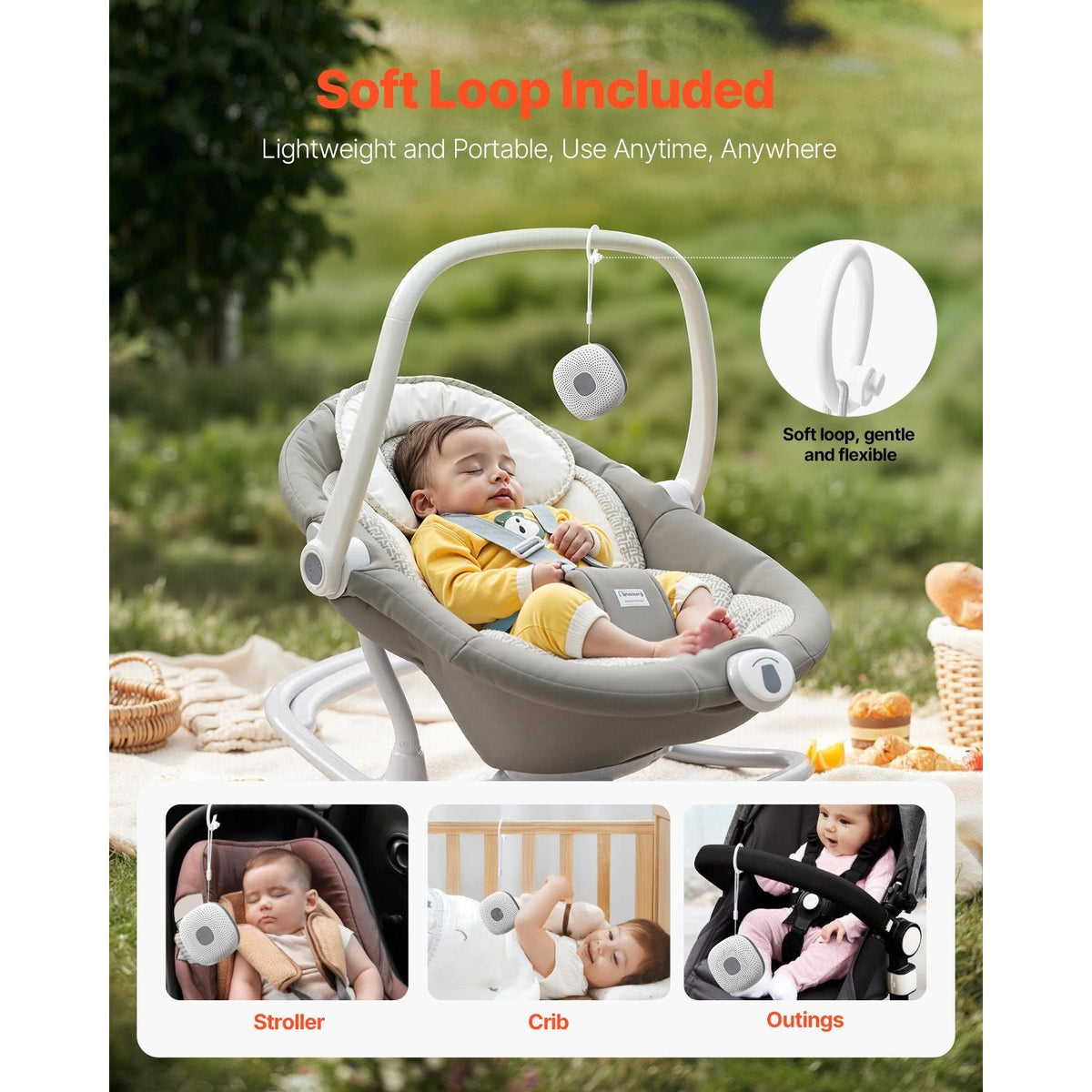 Sound Machine, 21 Soothing Sleep Sounds, 3-in-1 Portable and Hangable White Noise Sound Machine with Auto-Off Timer, Soft Ring Light and Memory Function, for Baby, Adults, Home, Office & Travel