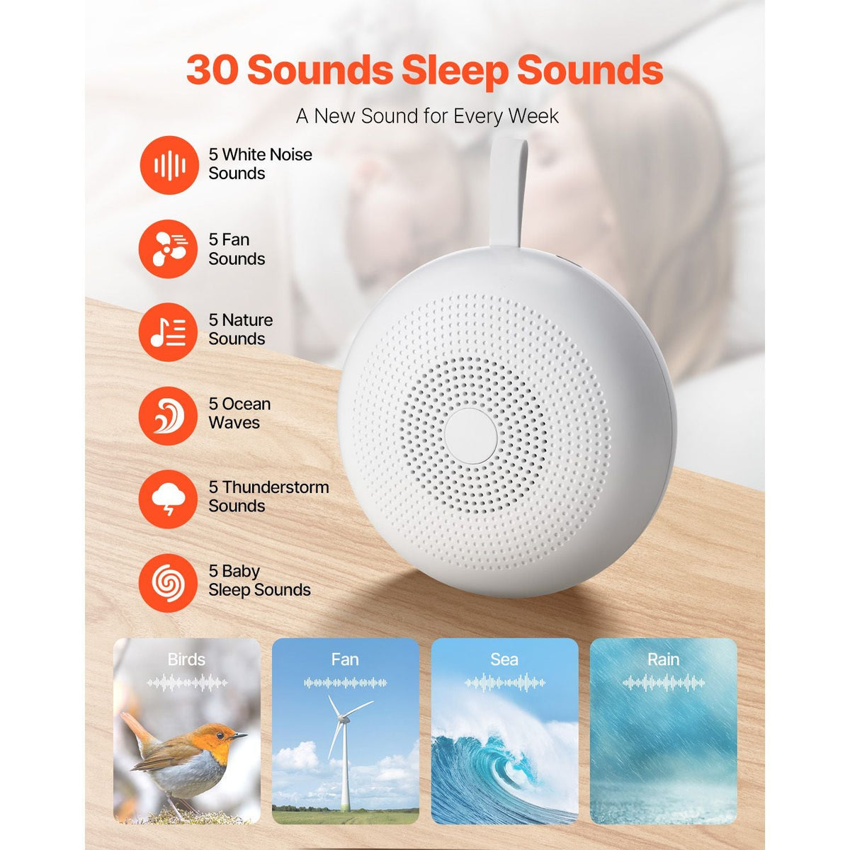 Sound Machine, 30 Soothing Sleep Sounds, 3-in-1 Portable and Hangable White Noise Sound Machine with Auto-Off Timer, Soft Ring Light and Memory Function, for Baby, Adults, Home, Office & Travel
