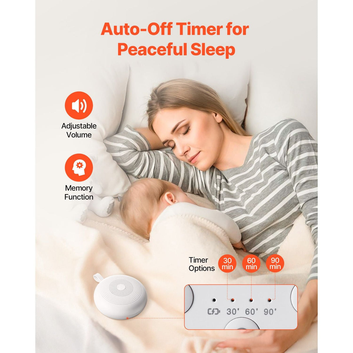 Sound Machine, 30 Soothing Sleep Sounds, 3-in-1 Portable and Hangable White Noise Sound Machine with Auto-Off Timer, Soft Ring Light and Memory Function, for Baby, Adults, Home, Office & Travel