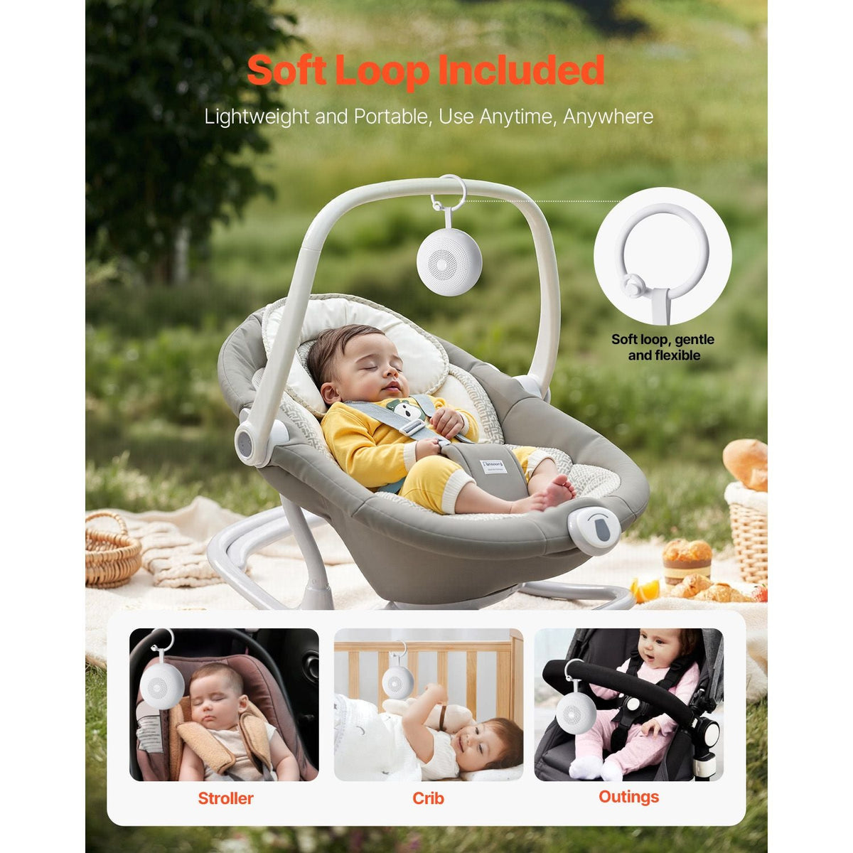 Sound Machine, 30 Soothing Sleep Sounds, 3-in-1 Portable and Hangable White Noise Sound Machine with Auto-Off Timer, Soft Ring Light and Memory Function, for Baby, Adults, Home, Office & Travel
