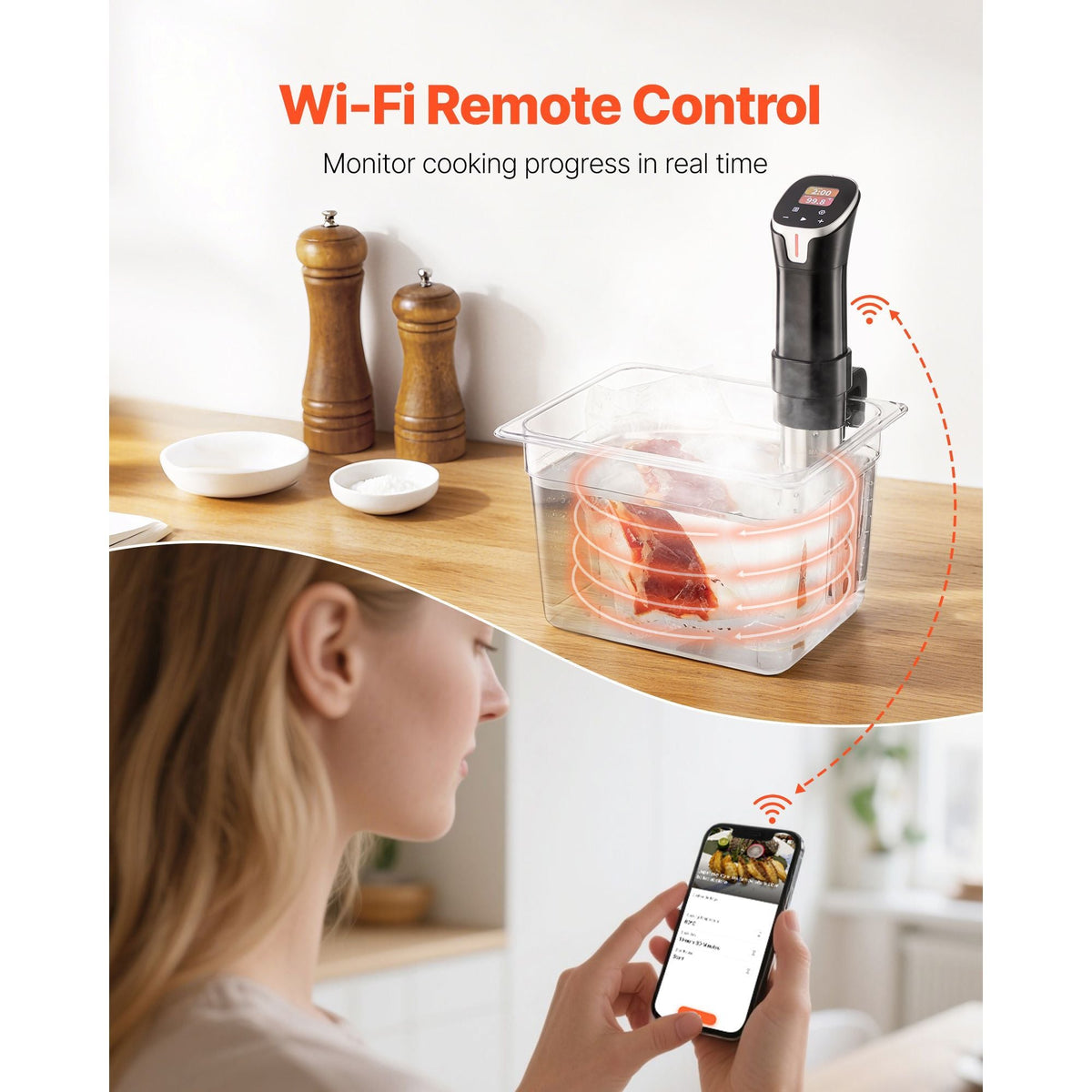 Sous Vide Precision Cooker, 1100W Sous-Vide Cooking Machine, WIFI Immersion Circulator with 10 Preset Recipes, LCD Touchscreen, Fast-Heating, Accurate Temperature & Timer, App Control