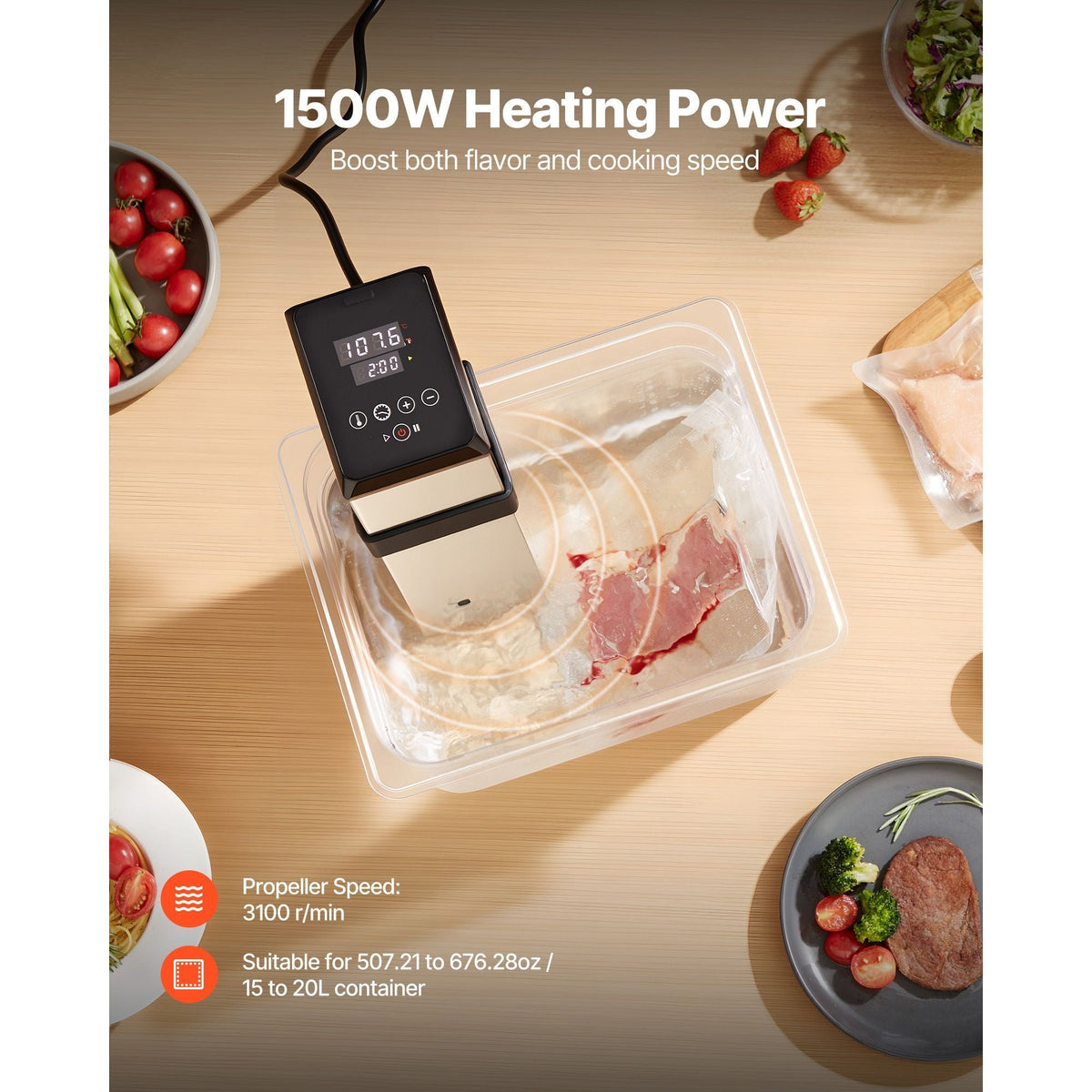 Sous Vide Precision Cooker, 1500W Sous-Vide Cooking Machine, Immersion Circulator with LED Digital Display, Adjustable Screw Clamp, Fast-Heating, Accurate Temperature & Timer Control, Sous-Vide