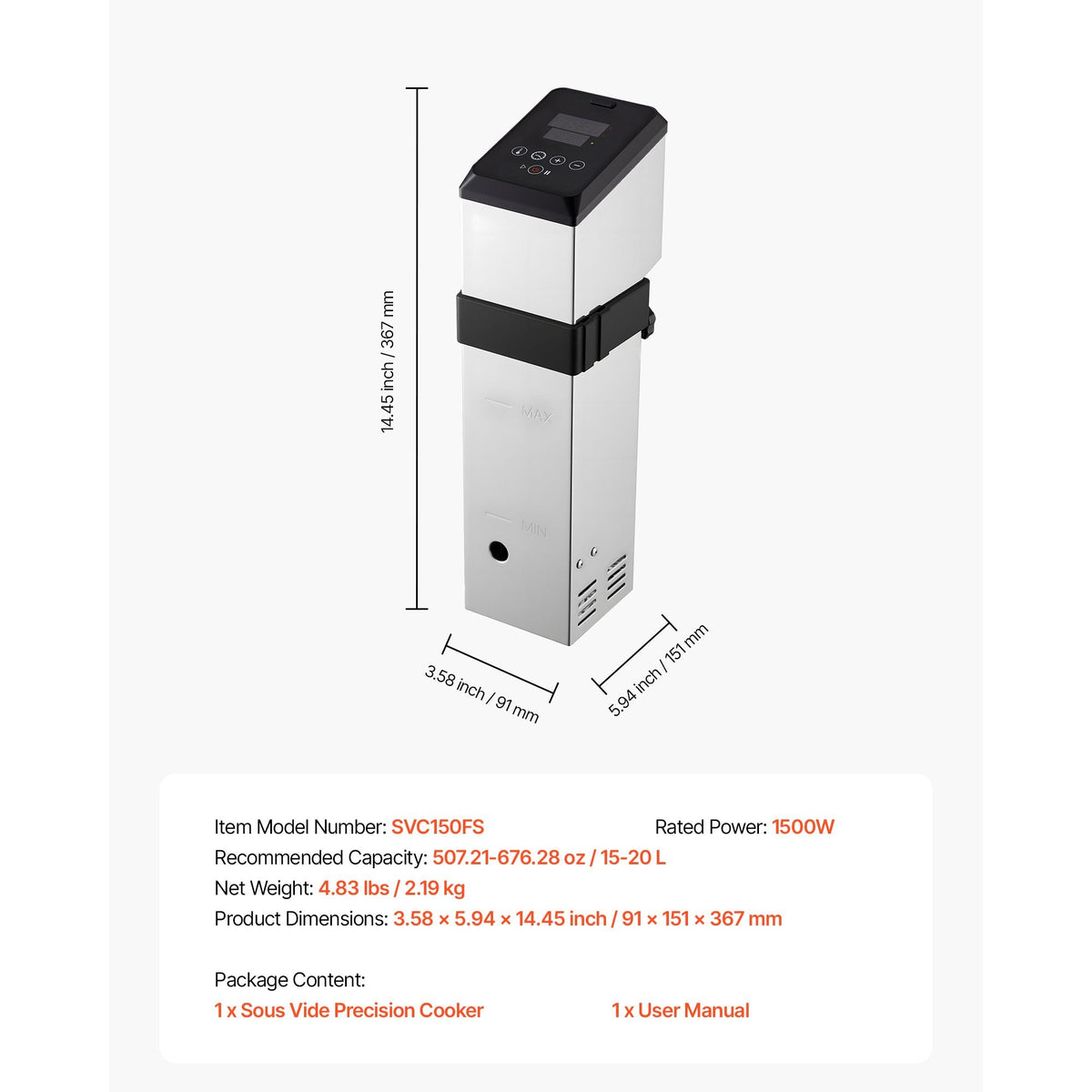 Sous Vide Precision Cooker, 1500W Sous-Vide Cooking Machine, Immersion Circulator with LED Digital Display, Adjustable Screw Clamp, Fast-Heating, Accurate Temperature & Timer Control, Sous-Vide