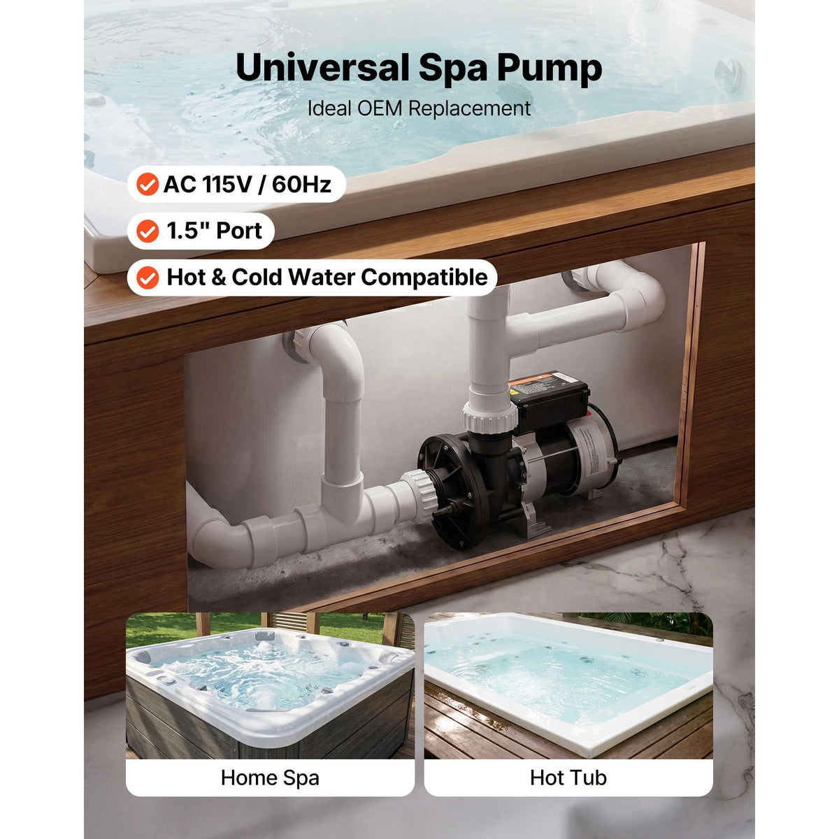 SPA Pump 1.5HP Hot Tub Bath Pump 115V 119GPM Flow Rate with 1.5" Port, 90° Rotational Interface, 54 ft Max Lifting Height, Copper Motor, SPA Bath Water Circulation, Compatible with OEM Models