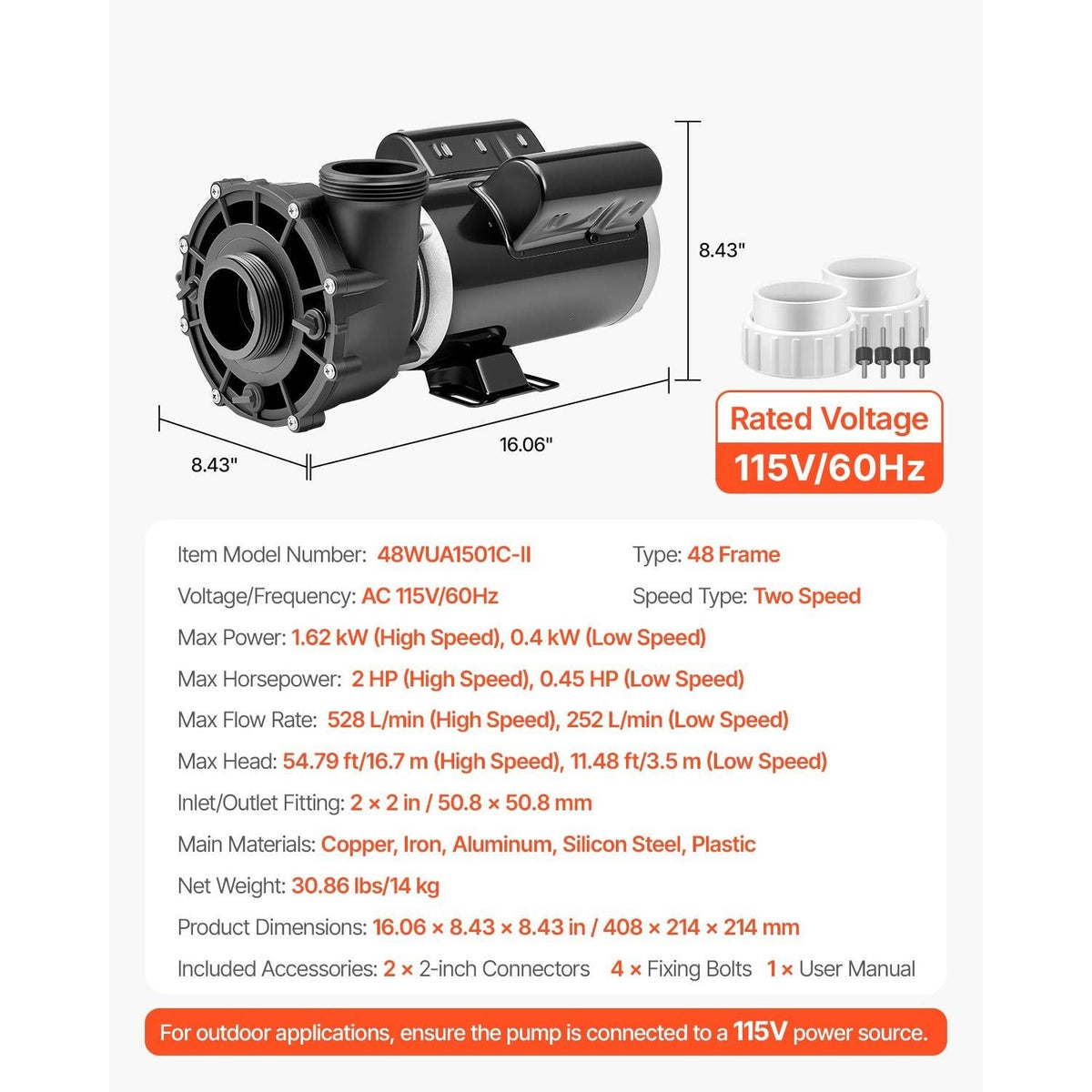 SPA Pump, 2 HP, 2-Speed Hot Tub Pump with 2-Inch Port, 139.5 GPM High and 66.5 GPM Low Speed, 115V 60Hz, 48 Frame, for Sundance #6500-357/ #6500-845/ #6500-758/ #6500-345/ #6500-090/ #6500-258